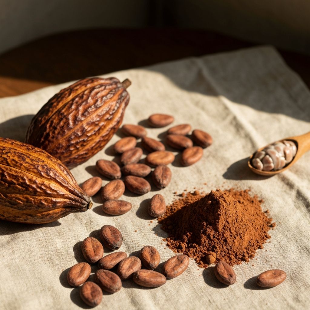 Surowe ziarna kakao i proszek kakaowy